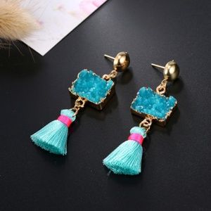 Summer blue resin druzy tassel boho earrings
